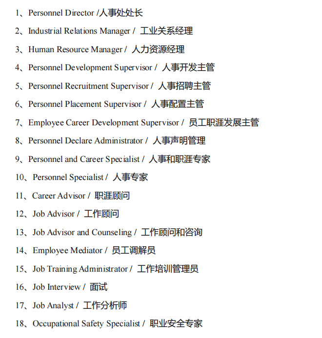 1、PersonnelDirector/人事处处长
2、IndustrialRelationsManager/工业关系经理
3、HumanResourceManager/人力资源经理
4、PersonnelDevelopmentSupervisor/人事开发主管
5、PersonnelRecruitmentSupervisor/人事招聘主管
6、PersonnelPlacementSupervisor/人事配置主管
7、EmployeeCareerDevelopmentSupervisor/员工职涯发展主管
8、PersonnelDeclareAdministrator/人事声明管理
9、PersonnelandCareerSpecialist/人事和职涯专家
10、PersonnelSpecialist/人事专家
11、CareerAdvisor/职涯顾问
12、JobAdvisor/工作顾问
13、JobAdvisorandCounseling/工作顾问和咨询
14、EmployeeMediator/员工调解员
15、JobTrainingAdministrator/工作培训管理员
16、JobInterview/面试
17、JobAnalyst/工作分析师
18、OccupationalSafetySpecialist/职业安全专家